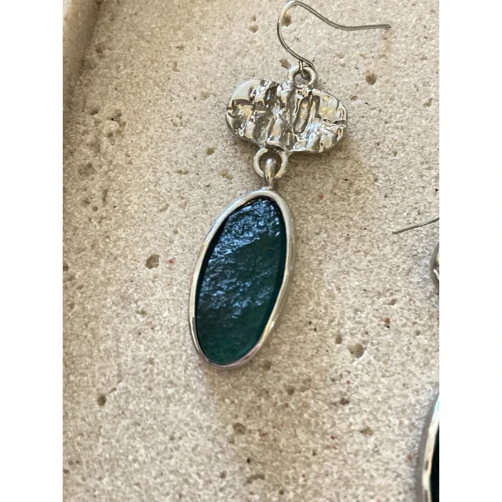 Naturalist Dangle Earrings In‎ Silver Tone & Dark Green Brutalist Modernist